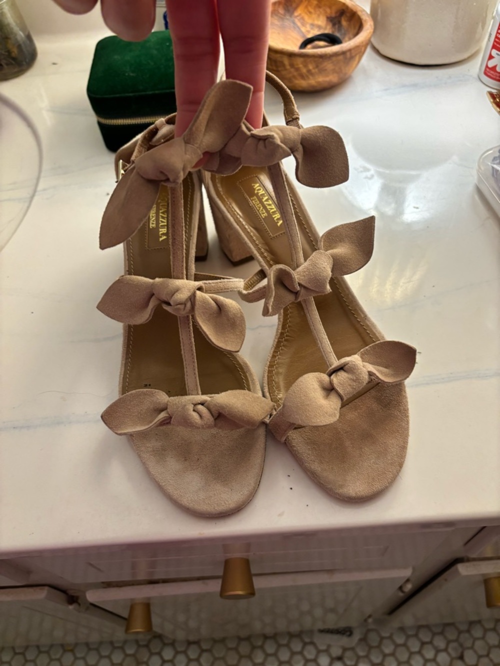 Aquazzura Taupe Bow-Tie Suede Block Heel Sandals